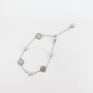 Tory Burch Crystal Logo & Imitation Pearl Station Bracelet Silver OS